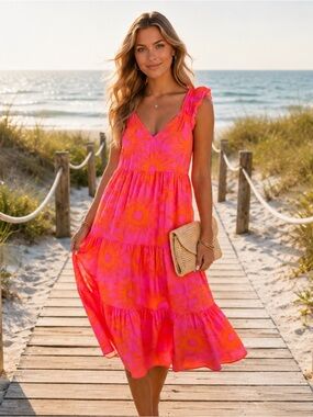 J. Marie Sun Print Tiered Midi Dress NWT Pink Orange Ruffle Summer Dress Size L